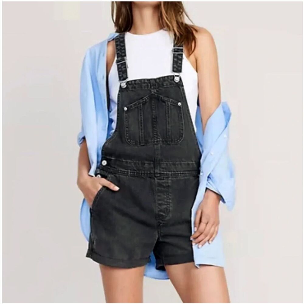 Old Navy Denim Short Overalls Womens M Black Slouchy Bib Romper Utility Grunge
